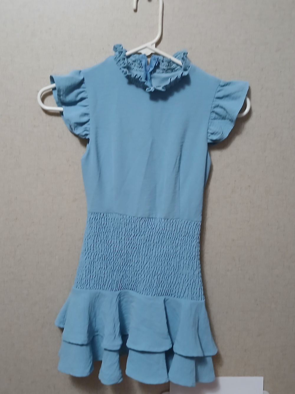 Girls Light Blue Smocked-Waist Ruffle Dress